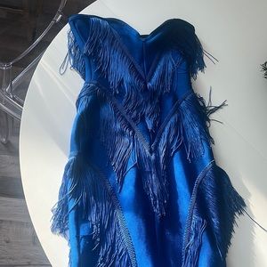 Strapless blue bodycon dress with fringe size S